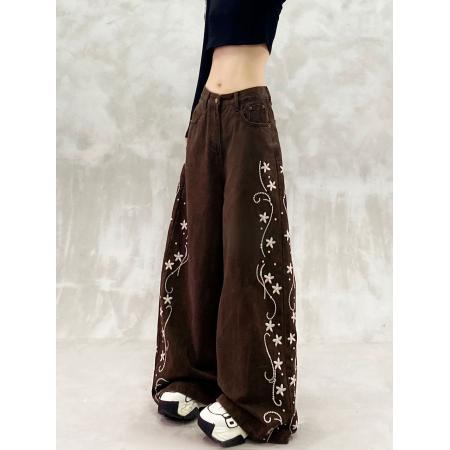 刺绣花设计感抓绒休闲牛仔裤女秋新款高腰宽松显瘦百搭直筒阔腿裤