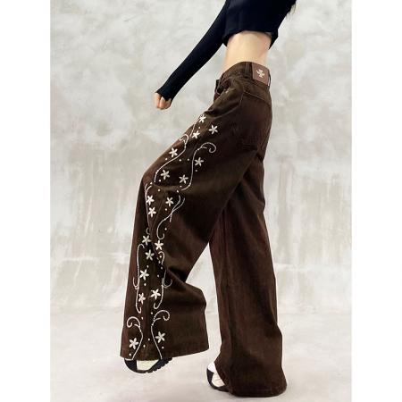 刺绣花设计感抓绒休闲牛仔裤女秋新款高腰宽松显瘦百搭直筒阔腿裤