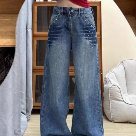 美式佐依闪电纹铆钉牛仔裤女秋新款宽松显瘦高街直筒阔腿裤子