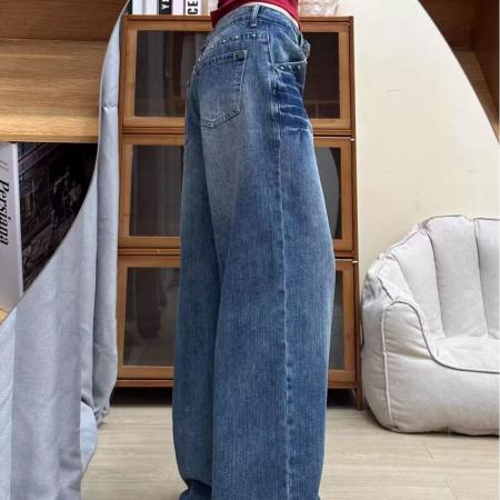 美式佐依闪电纹铆钉牛仔裤女秋新款宽松显瘦高街直筒阔腿裤子