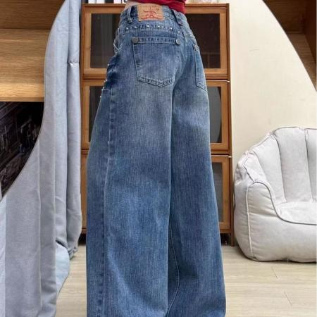 美式佐依闪电纹铆钉牛仔裤女秋新款宽松显瘦高街直筒阔腿裤子