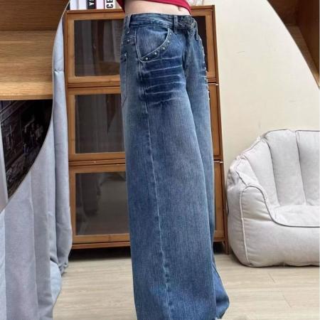 美式佐依闪电纹铆钉牛仔裤女秋新款宽松显瘦高街直筒阔腿裤子