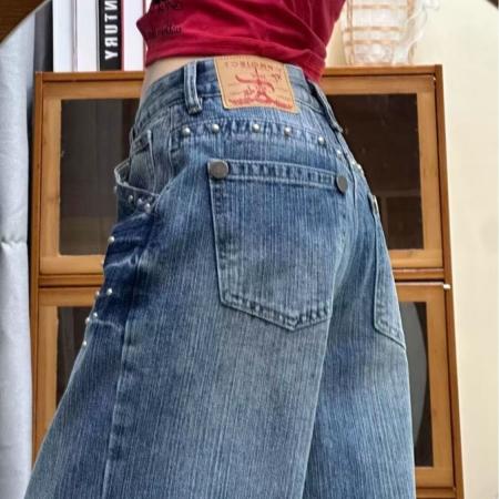 美式佐依闪电纹铆钉牛仔裤女秋新款宽松显瘦高街直筒阔腿裤子