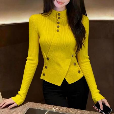 复古半高领毛衣女秋冬针织打底衫内搭显瘦掐腰羊绒不规则上衣