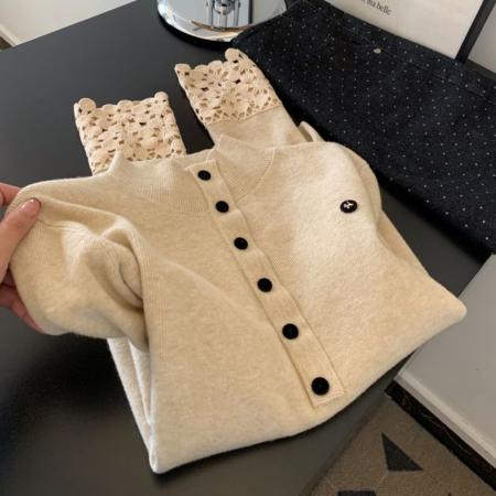 半高领蕾丝拼接袖口针织打底女秋冬内搭可外穿高级感新款毛衣