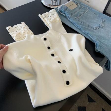 半高领蕾丝拼接袖口针织打底女秋冬内搭可外穿高级感新款毛衣