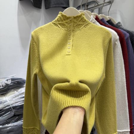 韩版钩花镂空半开立领长袖针织女冬新款洋气别致打底毛衣上衣