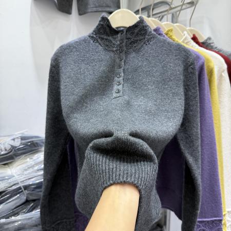 韩版钩花镂空半开立领长袖针织女冬新款洋气别致打底毛衣上衣