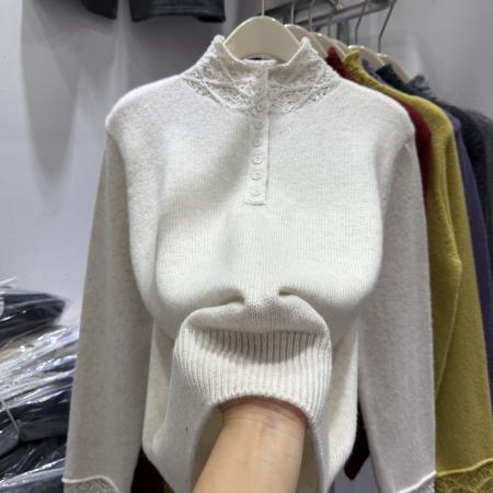 韩版钩花镂空半开立领长袖针织女冬新款洋气别致打底毛衣上衣