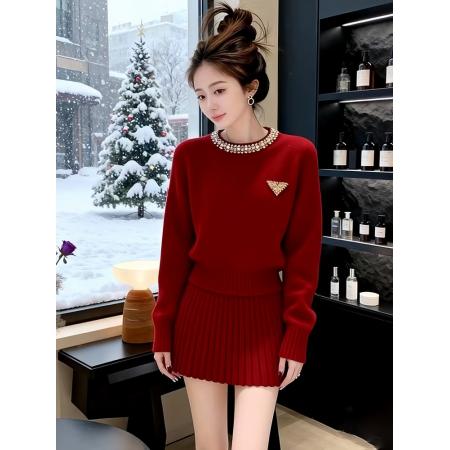 韩系绝美套装冬装一整套圆领装饰小个子针织毛衣百褶裙套装女