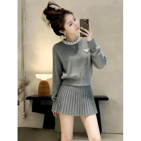 韩系绝美套装冬装一整套圆领装饰小个子针织毛衣百褶裙套装女