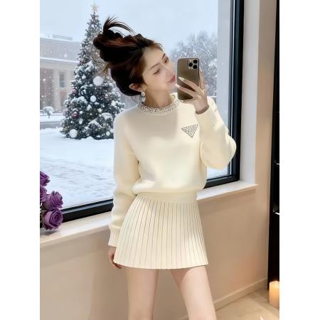 韩系绝美套装冬装一整套圆领装饰小个子针织毛衣百褶裙套装女