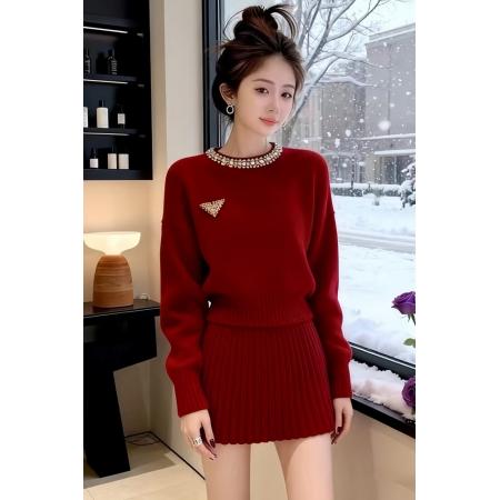 韩系绝美套装冬装一整套圆领装饰小个子针织毛衣百褶裙套装女