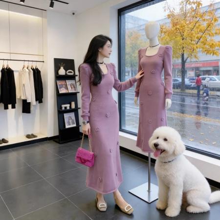 法式紫色针织连衣裙女秋冬新款高级感泡泡袖收腰显瘦洋气长裙