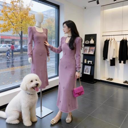 法式紫色针织连衣裙女秋冬新款高级感泡泡袖收腰显瘦洋气长裙