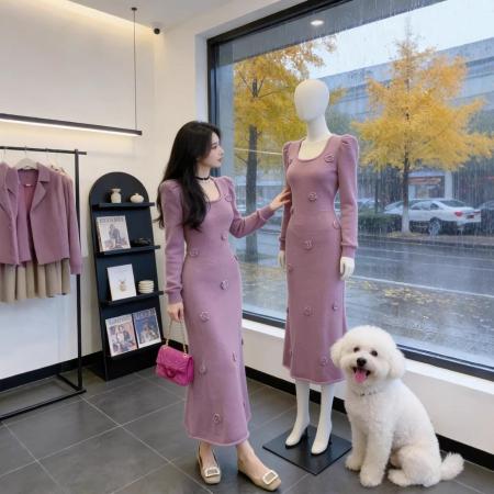 法式紫色针织连衣裙女秋冬新款高级感泡泡袖收腰显瘦洋气长裙