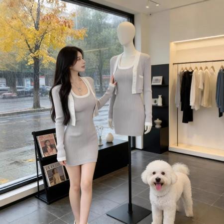 高级感纯欲套装女秋冬新款设计感洋气收腰显瘦针织开衫两件套