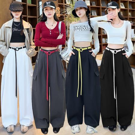 美式阔腿腰带工装裤春秋季新款休闲裤女高腰宽松垂感弯刀裤