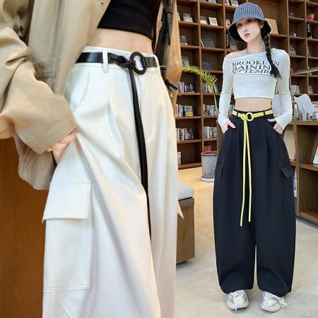 美式阔腿腰带工装裤春秋季新款休闲裤女高腰宽松垂感弯刀裤