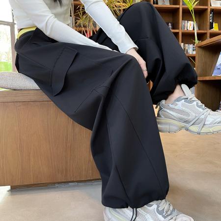 美式阔腿腰带工装裤春秋季新款休闲裤女高腰宽松垂感弯刀裤