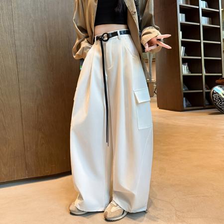 美式阔腿腰带工装裤春秋季新款休闲裤女高腰宽松垂感弯刀裤
