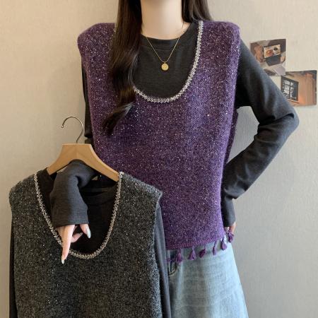 大码女装冬款马甲T恤两件套女修身百搭叠穿背心流苏时尚套装