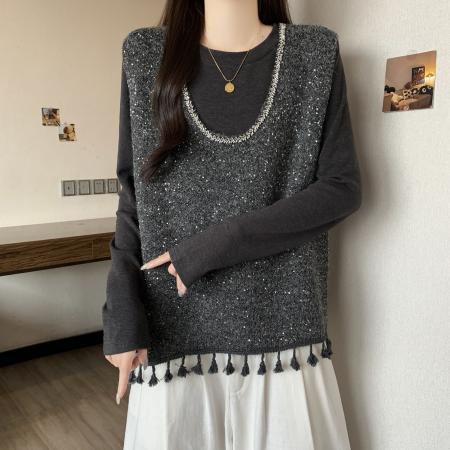 大码女装冬款马甲T恤两件套女修身百搭叠穿背心流苏时尚套装