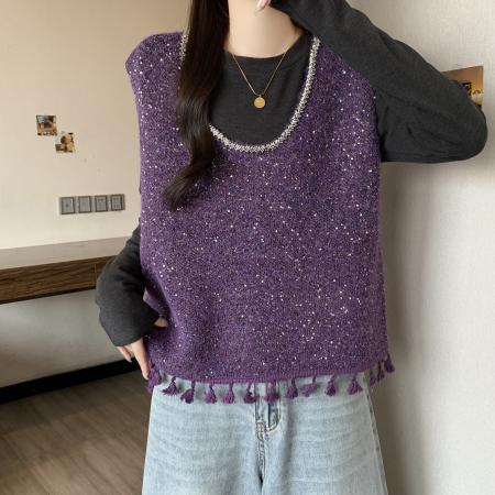 大码女装冬款马甲T恤两件套女修身百搭叠穿背心流苏时尚套装