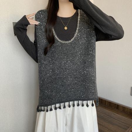 大码女装冬款马甲T恤两件套女修身百搭叠穿背心流苏时尚套装