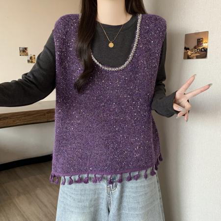 大码女装冬款马甲T恤两件套女修身百搭叠穿背心流苏时尚套装