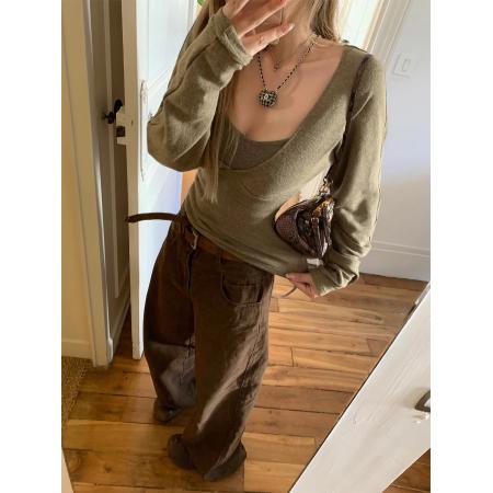 仿羊毛感撞色吊带两件套打底衫针织上衣