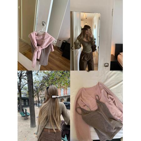 仿羊毛感撞色吊带两件套打底衫针织上衣