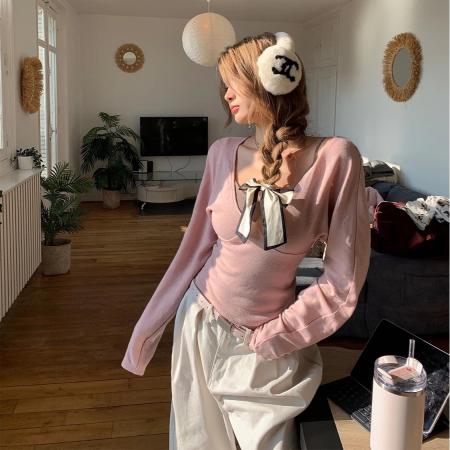 仿羊毛感撞色吊带两件套打底衫针织上衣