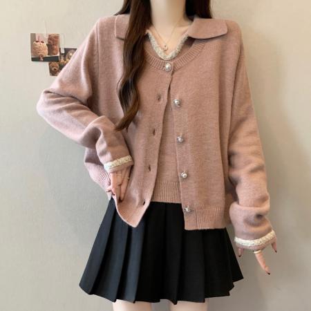 大码粉色毛衣冬季新款设计感假两件上衣翻领显瘦遮肉针织衫