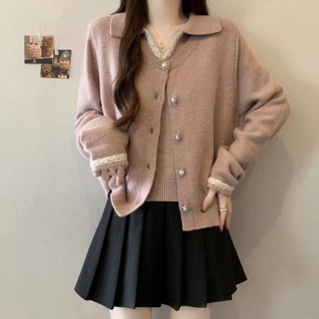 大码粉色毛衣冬季新款设计感假两件上衣翻领显瘦遮肉针织衫