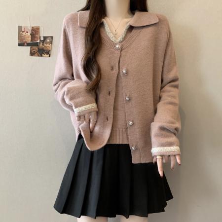 大码粉色毛衣冬季新款设计感假两件上衣翻领显瘦遮肉针织衫