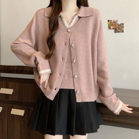 大码粉色毛衣冬季新款设计感假两件上衣翻领显瘦遮肉针织衫