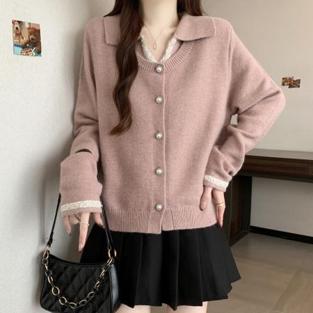 大码粉色毛衣冬季新款设计感假两件上衣翻领显瘦遮肉针织衫