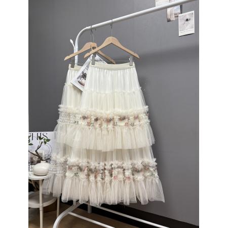 法式新款重工木耳边拼接波点蛋糕裙长款超仙绝美纱裙半身裙