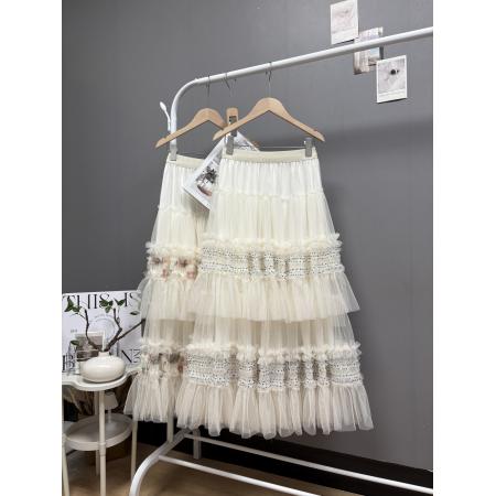 法式新款重工木耳边拼接波点蛋糕裙长款超仙绝美纱裙半身裙