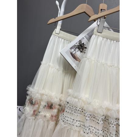 法式新款重工木耳边拼接波点蛋糕裙长款超仙绝美纱裙半身裙