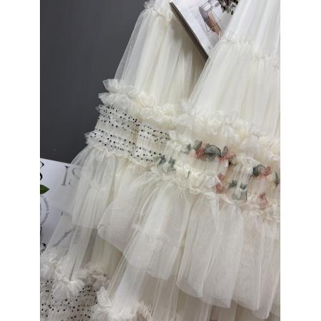 法式新款重工木耳边拼接波点蛋糕裙长款超仙绝美纱裙半身裙