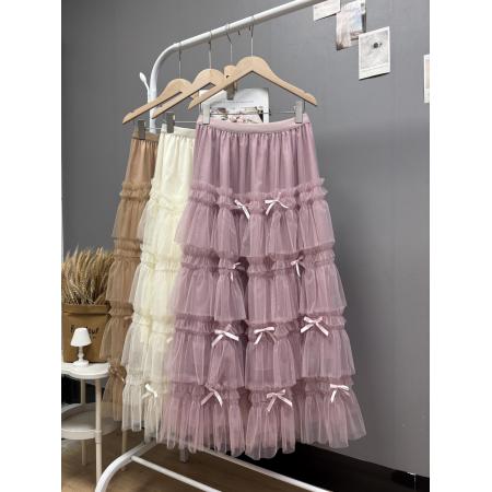 新款韩系chic重工木耳花边蛋糕裙甜美蝴蝶结纱裙长款仙女裙