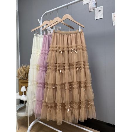 新款韩系chic重工木耳花边蛋糕裙甜美蝴蝶结纱裙长款仙女裙