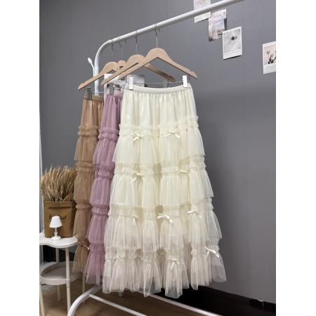 新款韩系chic重工木耳花边蛋糕裙甜美蝴蝶结纱裙长款仙女裙