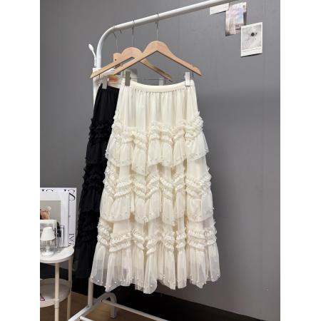 韩系chic新款不规则木耳荷叶边钉珠蛋糕裙甜美百搭长款纱裙