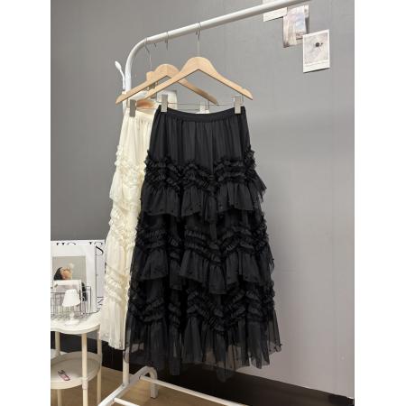 韩系chic新款不规则木耳荷叶边钉珠蛋糕裙甜美百搭长款纱裙