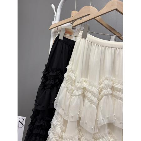 韩系chic新款不规则木耳荷叶边钉珠蛋糕裙甜美百搭长款纱裙