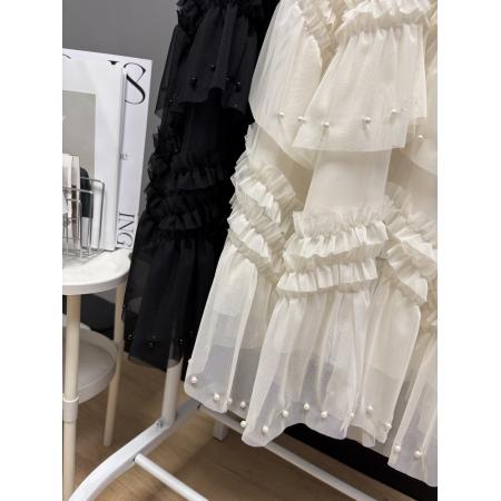 韩系chic新款不规则木耳荷叶边钉珠蛋糕裙甜美百搭长款纱裙