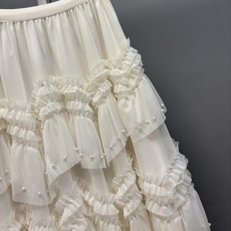 韩系chic新款不规则木耳荷叶边钉珠蛋糕裙甜美百搭长款纱裙